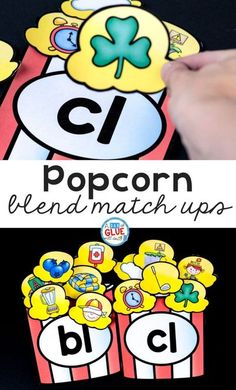 a popcorn themed printable game for kids to play on the table with text overlay that reads, popcorn blend match up