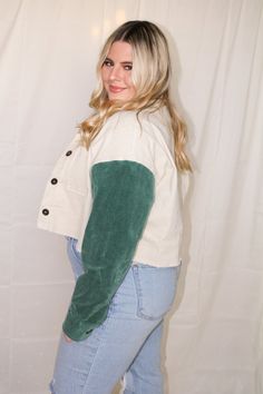 Corduroy jacket with pockets Collar neck Button down front & sleeve button closure Solid cream colored back Frayed edge bottom Cream, tan, hot pink, & hunter green color block design 97% cotton, 3% spandex True to size Size up for a more oversized look Model is 5'3", Bust 34", and wearing a size medium Casual Cotton Outerwear With Color Block, Casual Green Corduroy Outerwear, Green Long Sleeve Outerwear With Corduroy Collar, Casual Green Outerwear With Corduroy Collar, Fall Green Outerwear With Corduroy Collar, Green Color Block, Hunter Green Color, Color Block Design, Jacket With Pockets