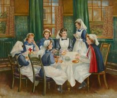 a painting of children sitting at a table