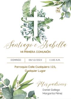 a white and green wedding program with greenery