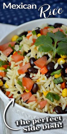 mexican rice salad with black beans, corn and cilantro in a white bowl