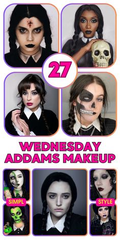 Achieve the perfect Wednesday Addams makeup with these easy-to-follow tutorials, inspired by Jenna Ortega. Great for kids and adults, these ideas are ideal for Halloween costumes. Embrace the dark, goth aesthetic with simple DIY techniques. Whether you're a fan of the original Addams Family or looking for a modern twist, these makeup tips will help you create a flawless Wednesday Addams look. Wednesday Costume Diy, Adam Family Costume, Wednesday Addams Makeup Kids, Wednesday Adam’s, Wednesday Addams Make Up, Dark Goth Aesthetic, Black Wednesday Addams, Wednesday Makeup, Addams Makeup