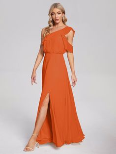 Burnt_Orange Orange A-line Dress With Ruffles, Orange One-shoulder Dress With Ruffles, Orange One-shoulder Midi Dress For Evening, Orange One-shoulder Beach Maxi Dress, Chic Orange One-shoulder Maxi Dress, Orange Bridesmaid Dresses, Full Maxi Skirt, Burnt Orange Dress, Peacock Green