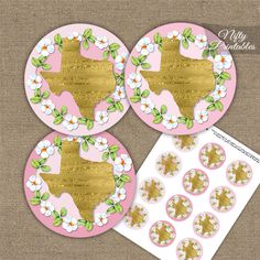 three pink and gold stickers with the state of texas on it, surrounded by flowers