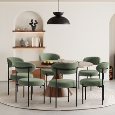 a round table with six green chairs and a black lamp hanging from the ceiling above it