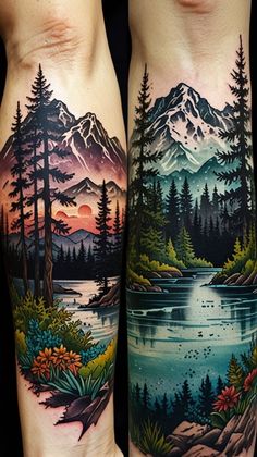 two people with tattoos on their legs and one has a mountain scene in the background