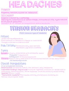 a poster with the words headaches written in pink and blue, on top of it