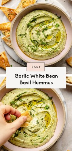 garlic white bean basil hummus in a bowl