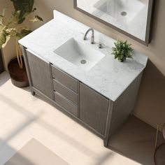 a bathroom vanity with two sinks and a large mirror over the sink, in front of a potted plant