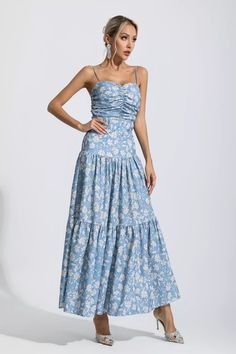 Bohemian Ruched Spaghetti Strap Dress, Bohemian Spaghetti Strap Ruched Dress, Blue Ruched Summer Maxi Dress, Blue Ruched Maxi Dress For Summer, Ruched Floral Sundress For Summer, Blue Sundress With Spaghetti Straps For Garden Party, Ruched Floral Sundress For Vacation, Blue Ruched Maxi Dress For Vacation, Blue Spaghetti Strap Sundress For Garden Party