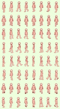 an image of people walking in different positions on a light green background with pink outlines