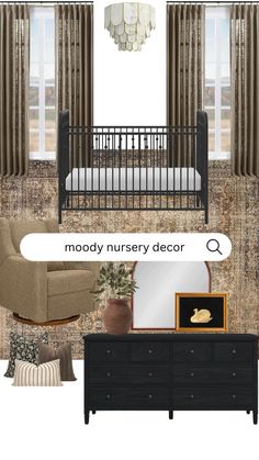 a living room with furniture and decor in it, including a baby crib bed