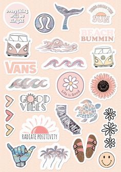 various stickers and decals are arranged on a light pink background with the words summer written below them