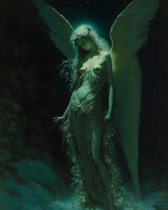 a painting of an angel standing in the water with her hands on her hips and wings outstretched