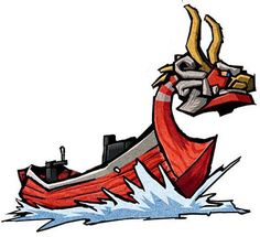 a drawing of a red boat with horns on it's head in the water