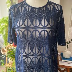 Dark Blue Top Short Sleeves Beautiful Lace Never Worn No Tags Size 4 En & Elle From Anthropologie Ships Next Business Day Offers Welcome Length 25” Armpit To Armpit 17” Fitted Blue Lace Top For Summer, Fitted Blue Lace Top Blouse, Blue Fitted Lace Top For Party, Blue Stretch Blouse With Crew Neck, Fitted Blue Blouse With Crew Neck, Fitted Blue Crew Neck Blouse, Elegant Blue Lace Top For Summer, Chic Blue Blouse With Lace Top, Blue Casual Lace Top