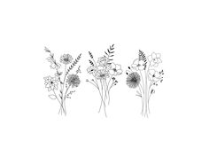 three different types of flowers are shown in this black and white photo, one is drawn with