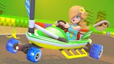 the nintendo wii game mario kart is going down the road with her steering wheel