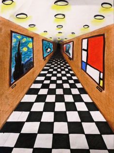 this is an image of a hallway with paintings on the walls and checkered floor