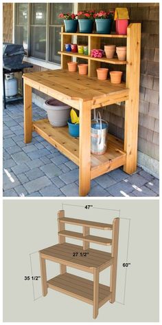 an image of a wooden bench with potted plants on it and measurements for the bench