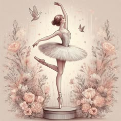 a drawing of a ballerina on a pedestal surrounded by flowers