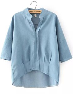 Blue Stand Collar Dip Hem Loose Blouse 17.67 Boyfriend Trends, Tunik Linen, Safari Look, Denim Blouse, Latest Street Fashion, Loose Blouse, Fashion Design Clothes, Linen Clothes