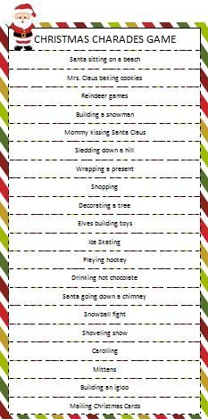 the christmas charades game is shown in red, green and white stripes with santa's hat on it