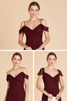 three pictures of a woman in a dress with one shoulder open and the other closed