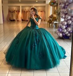 Teal Blue Princess Quinceanera Dresses Ball Gown Off The Shoulder Tulle Appliques Sweet 16 Dresses 15 Años Mexican Formal Birthday Party, Dresses Off Shoulder, Green Luxury, Flora Dress, Manufacturing Factory, Dresses Ball Gown, Wedding Dresses With Flowers, Wedding Flower Girl Dresses, Prom Dresses Modest