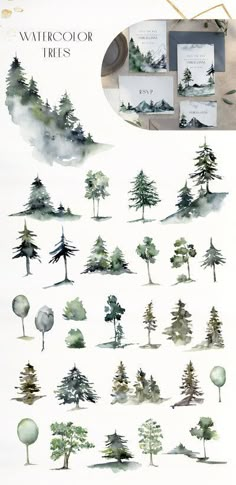 watercolor trees are shown in various stages of development and being used to create an image