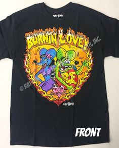 "RAT FINK® & ED \"BIG DADDY\" ROTH, INC. T-SHIRTS! from the official Rat Fink® store in Manti, UT   Rat Fink tee with Burnin Love design on front, plain black tee on back. (watermark is only present in photos)   BRAND NEW from the Official Rat Fink Store 100% cotton, pre-shrunk, Rat Fink® brand tees Original artwork from Ed \"Big Daddy\" Roth, Inc. Bright and colorful screen-printing Quality and comfortable material   ALL ARTWORK, IMAGES, AND DESIGNS ARE COPYRIGHTED AND TRADEMARKED MATERIAL Novelty Pre-shrunk T-shirt For Streetwear, Novelty Screen Print T-shirt For Streetwear, Novelty Screen Print Streetwear T-shirt, Novelty Streetwear T-shirt With Screen Print, Black Novelty T-shirt For Fan Merchandise, Plain Black Tee, Rat Fink, Artwork Images