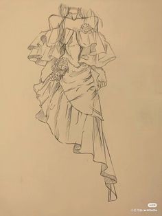 a drawing of a woman in a dress with flowers on her head and hands behind her back