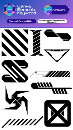 some black and white shapes with different colors on the bottom, one has an arrow in it