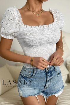 Lasaky - Stylish and Sophisticated Bubble Sleeve Fitted Short-Sleeve Top White Puff Sleeve Top, Sleeves Clothing, Cropped Tops, Women Blouses, Puff Sleeve Blouse, Puff Sleeve Top, Inspiration Mode, White Crop Top, Short Sleeve Blouse