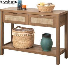 a wooden table with two baskets on it and a basket under the shelf next to it