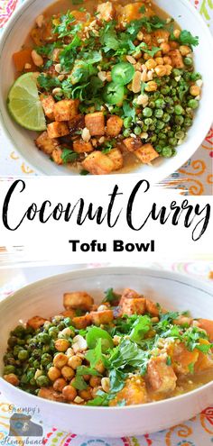 coconut curry tofu bowl with peas, carrots and cilantro on the side