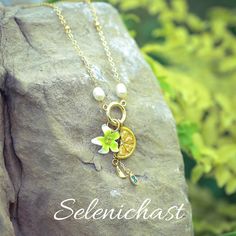 Lemon Flower Necklace; fruit jewelry; fashion styles Lemon Flower, Lemon Flowers, Lemon Quartz, Quartz Necklace, Strawberry Shortcake, Flower Necklace, Gold Finish, Favorite Outfit, 18k Gold