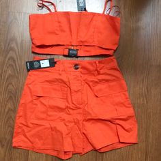 Super Cute Two Piece Set, Perfect For Concerts This Summer! Size 8 But Fits Like A 4, Super Cute And Never Worn! Fitted Summer Tops With Pockets, Sleeveless Summer Crop Top With Pockets, Fitted Cotton Crop Top With Pockets, Orange Short Summer Tops, Bra Top, Two Piece Set, Bra Tops, Color Orange, The 4