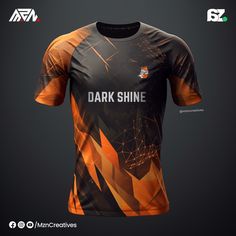 an orange and black shirt with the words dark shine on it, in front of a gray background