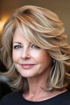 Choppy Feathered Layers with Side-Swept Bangs Haircut on a smiling older woman with blonde medium-length hair. Textured Long Bob, Medium Length Waves, Layered Thick Hair, Shoulder Length Curls, Medium Length Layers, Haircuts For Older Women, Choppy Layers, Haircut For Older Women, Medium Length Hair Cuts