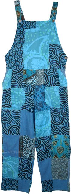 Cotton jumpsuit dungarees with bib pockets in the front and side, handcrafted in ocean snorkel blue and dark black with a hint of plankton green patchwork of assorted prints. Soft, slouchy style features adjustable button shoulder straps. #tlb #Sleeveless #Patchwork #Misses #Pocket #vacationclothing #Floral #Printed #bohemianfashion #Handmade #festivalclothing #cottonjumpsuit #bohojumpsuit #bluedress Long Cotton Skirt, Snorkel Blue, Simple Tank Tops, Cotton Overalls, Blue Cotton Dress, Boho Jumpsuit, Slouchy Style, Hippie Look, Scarf Shirt