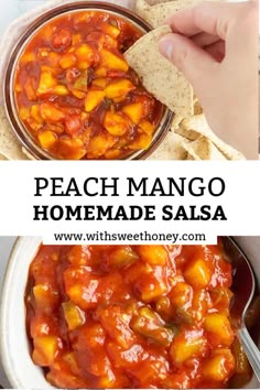 two pictures showing how to make peach mango homemade salsa