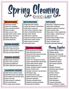 the spring cleaning checklist is shown in black and white, with colorful lettering on it