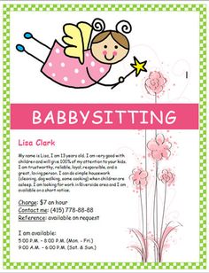 the babysitting flyer is displayed on an iphone screen, with pink flowers and green check