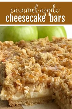 a close up of an apple cheesecake bar on a cutting board with apples in the background