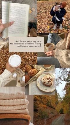 a collage of photos with coffee, books and autumn leaves in the foreground