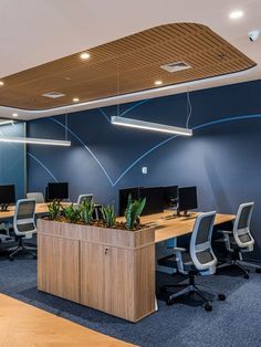 Office Technology Design, Modern Construction Office Design, Office Suite Design, Commercial Office Space Design, Conference Room Wall Design, Office Reception Design Entrance, Blue Office Aesthetic, Financial Office Design, Cool Office Design