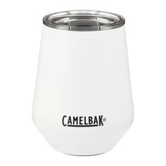 a white wine glass with the word camelbak on it and a silver lid