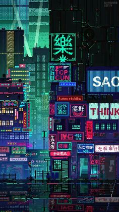 an abstract cityscape with neon signs and buildings