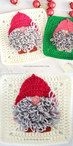 two crocheted gnomes with red and green hats, one is wearing a santa hat